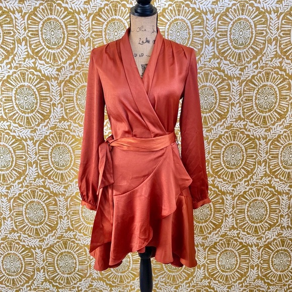 Lucy Paris Adonia Beautiful Satin Wrap Dress in Rust Orange size Small - Picture 5 of 11